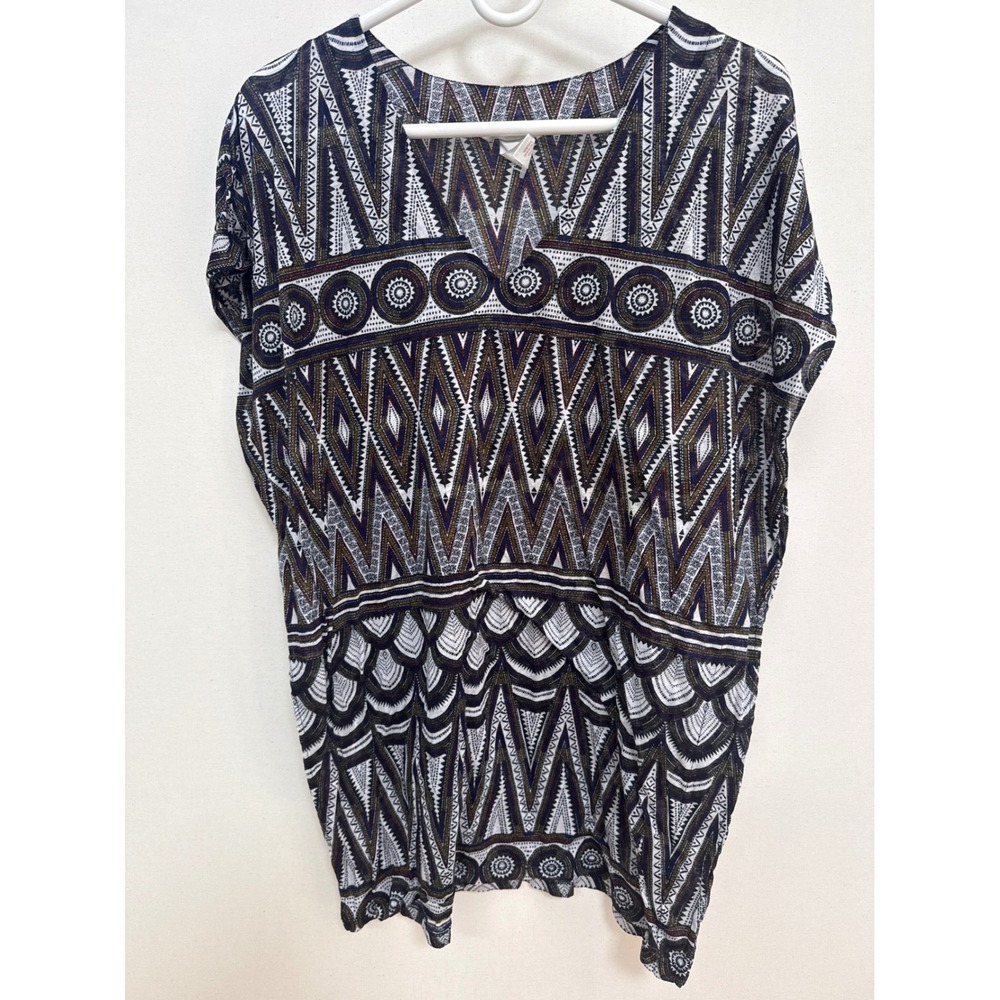 HM Geometric Tribal Print V-Neck Blouse Navy White Gold Boho Oversized Small
